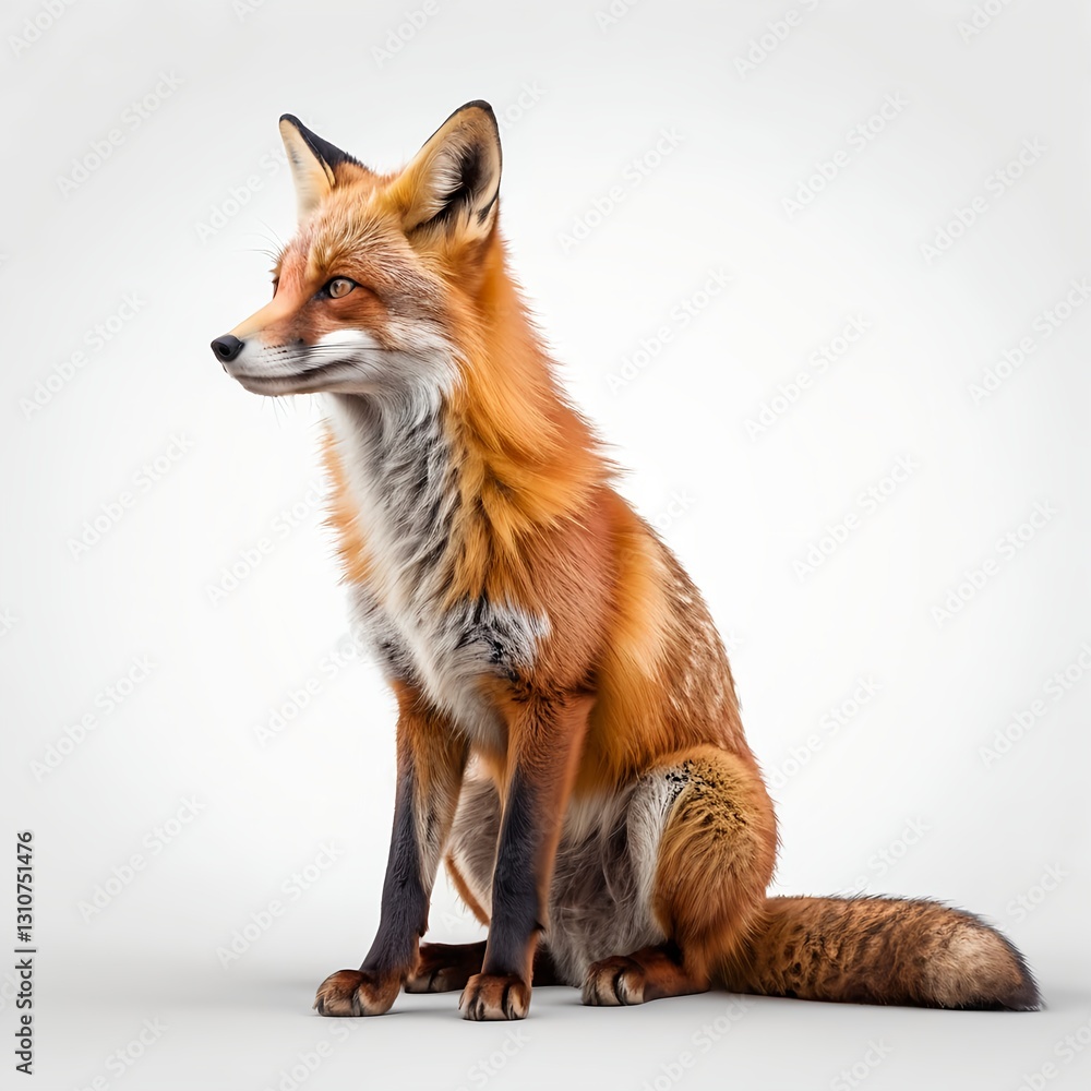 Fototapeta premium Red Fox Sitting, Isolated on White Background
