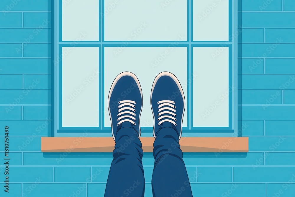 Fototapeta premium breaking free from fear concept. Feet in blue sneakers resting on a windowsill with a vibrant blue background.