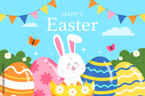 flat background easter egg holiday with bunny cute