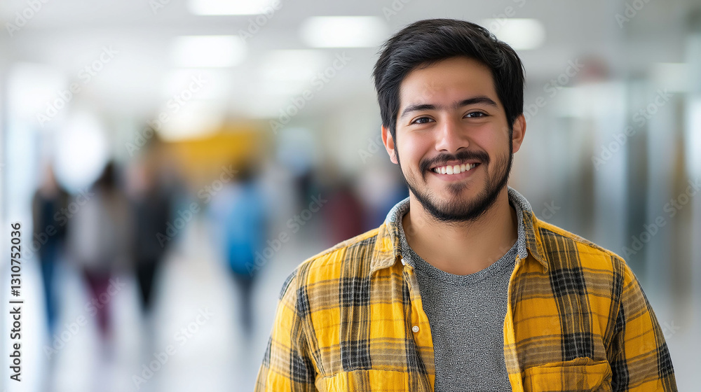 Obraz premium Portrait of Latino male student smiling walking in school hallway