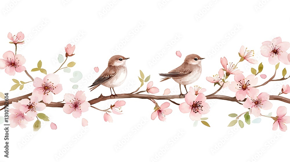 Fototapeta premium Nature-inspired watercolor style flowers and birds in spring serene art floral whimsical