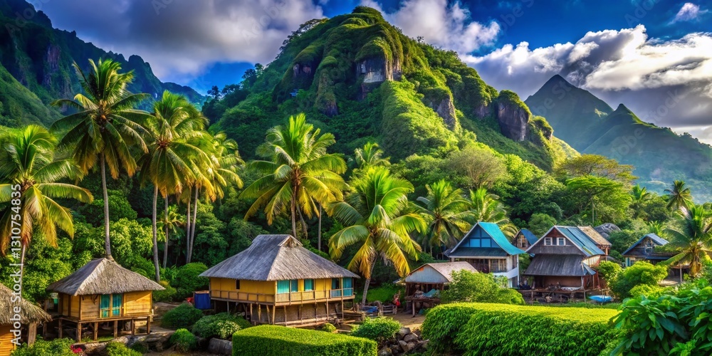 Naklejka premium Pago Pago, American Samoa: Vibrant Tropical Island Houses with High Depth of Field