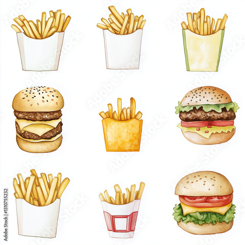 food, hamburger, burger, fast, sandwich, vector, icon, pizza, illustration, meal, fries, meat, bun, bread, hot, cartoon, set, cheeseburger, cheese, lunch, snack, drink, dog, fast food, hotdog, soda, l