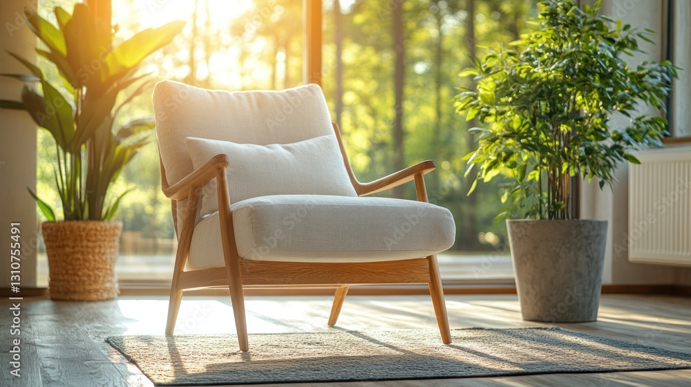 Sunny, Modern armchair in a sunlit room with plants Sunny, Modern armchair in a sunlit room with plants