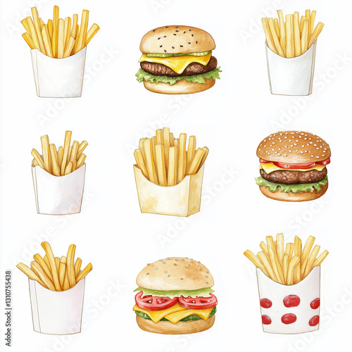 food, hamburger, burger, fast, sandwich, vector, icon, pizza, illustration, meal, fries, meat, bun, bread, hot, cartoon, set, cheeseburger, cheese, lunch, snack, drink, dog, fast food, hotdog, soda, l