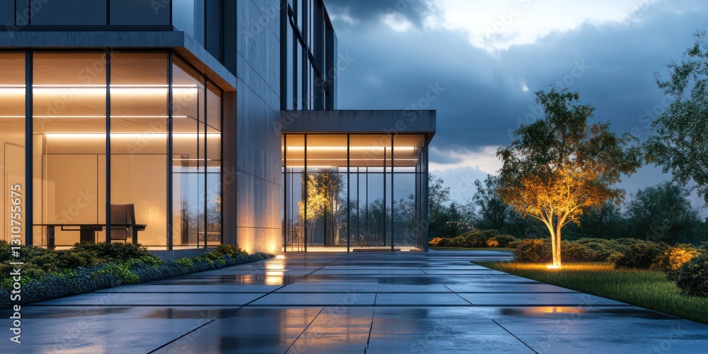Fototapeta premium Modern office building, evening, landscaped garden, rain