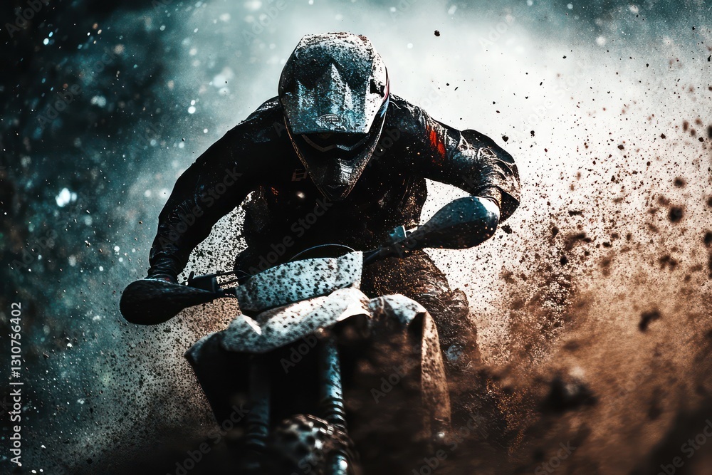 Fototapeta premium Motocross racer speeds through mud, splashing dirt, dramatic action shot