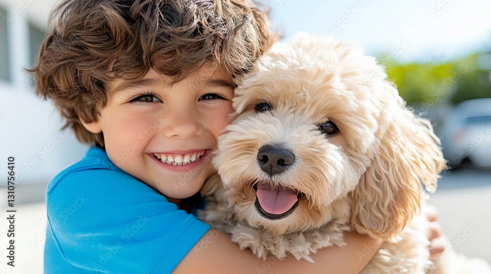 Smiling boy with curly hair embracing a fluffy dog, radiating joy and friendship. Smiling boy with curly hair embracing a fluffy dog, radiating joy and friendship.
