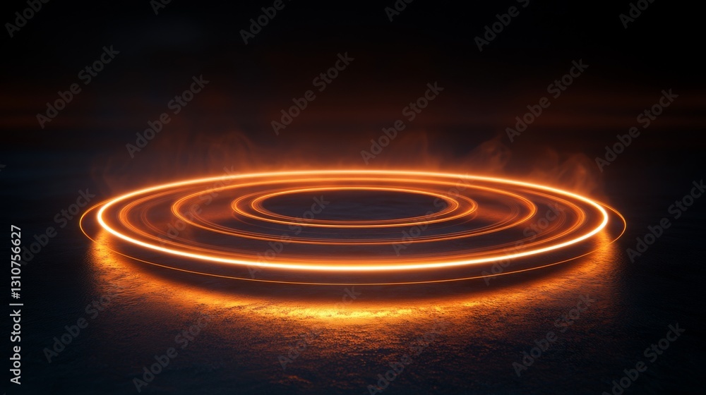 Fototapeta premium A glowing neon circular shape rests upon a dark surface