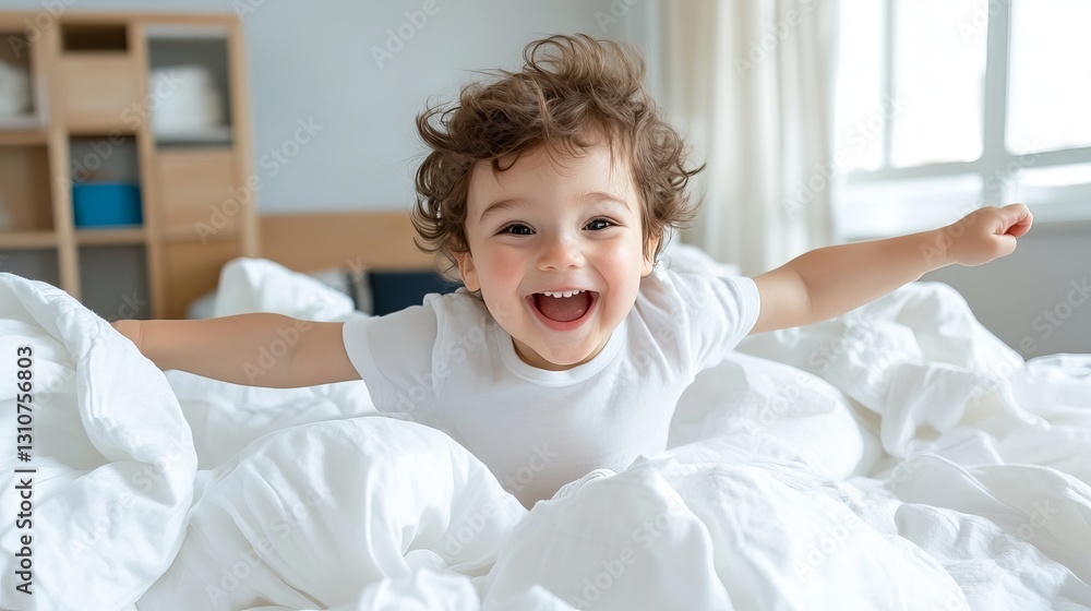 custom made wallpaper toronto digitalCheerful Caucasian boy laughing joyfully while playing on a bed surrounded by pillows.