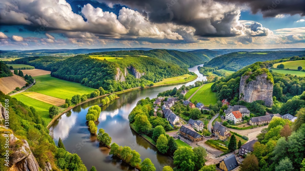 Obraz premium Panoramic Aerial: Freyr Castle, Meuse River & Dramatic Rock Formations, Namur Province, Belgium