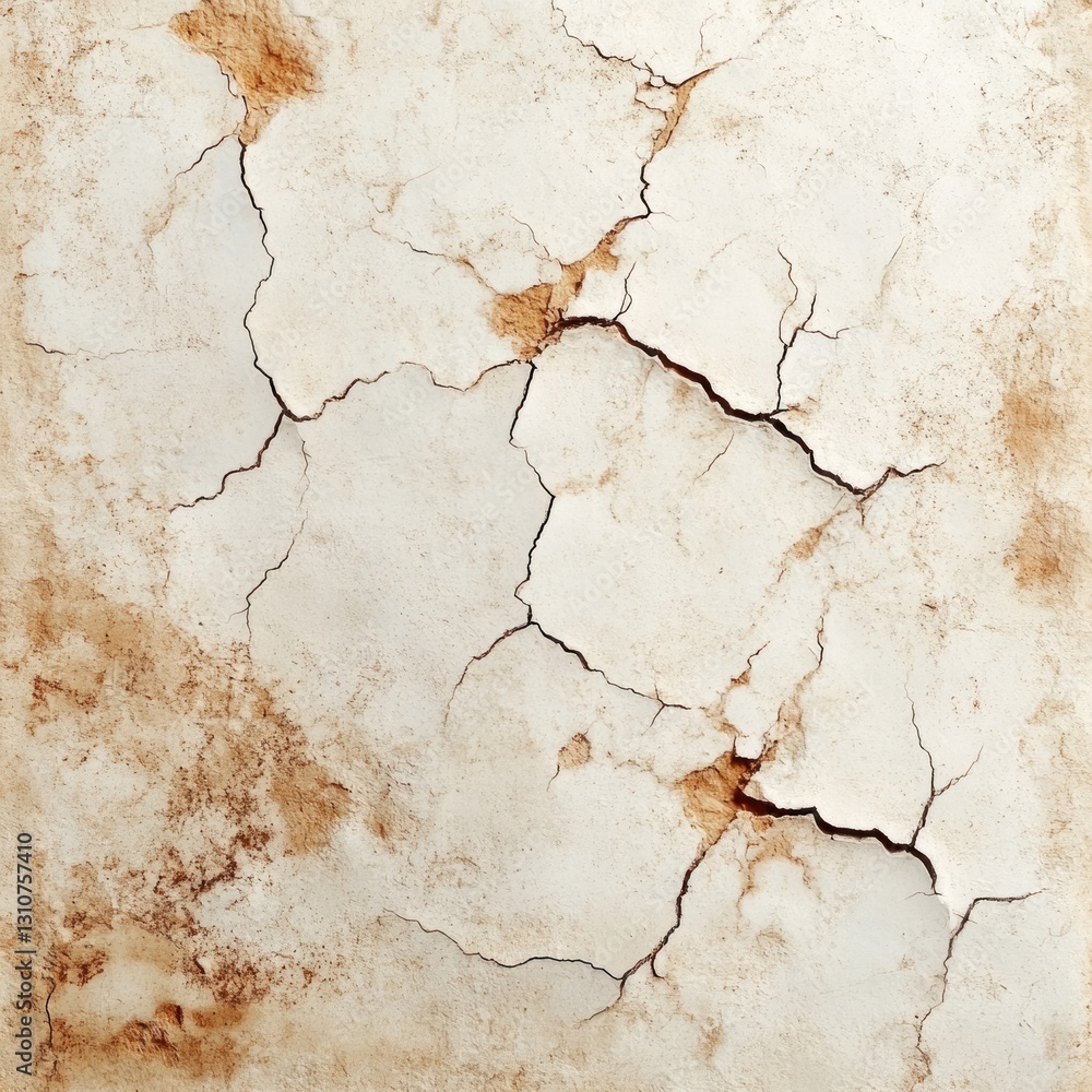 Fototapeta premium Cracked, aged, off-white surface with brown stains.