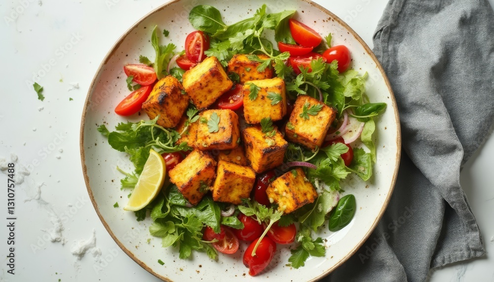 Exquisite presentation of paneer tikka salad with fresh herbs and vegetables Exquisite presentation of paneer tikka salad with fresh herbs and vegetables