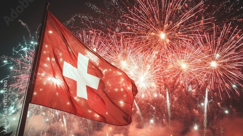 Wallpaper Mural A vibrant Swiss flag waves proudly against a backdrop of dazzling fireworks display at night. Torontodigital.ca