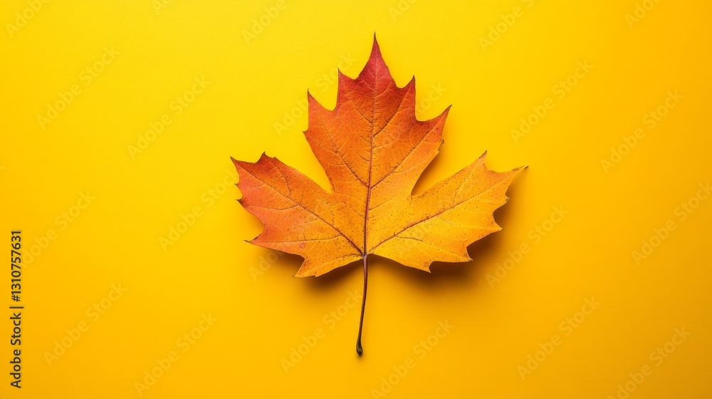 Fototapeta premium A single maple leaf displaying autumn colors on a yellow background