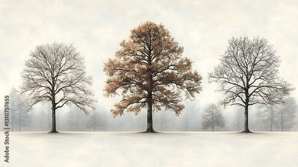 Winter trees in a foggy field. Possible use nature, landscape, tranquility, education Winter trees in a foggy field. Possible use nature, landscape, tranquility, education