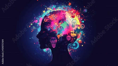 Silhouette of a human head filled with floating creative symbols reflecting innovative ideas and artistic expression in a futuristic design