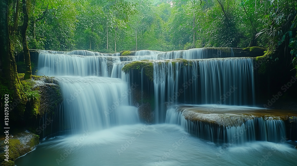 Obraz premium serene waterfall cascading over moss covered rocks creates tranquil scene, evoking feelings of peace and natural beauty