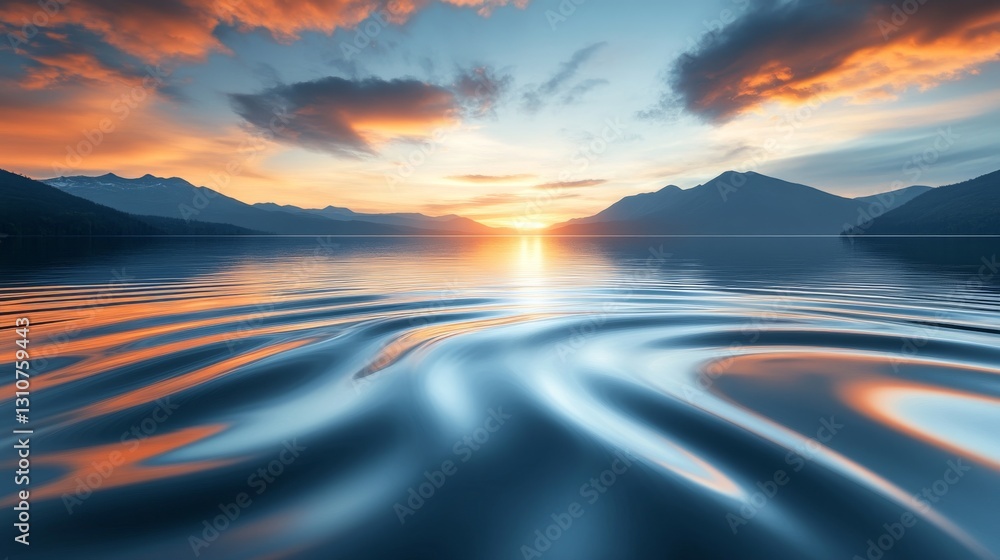 Sunset reflecting on calm lake water with mountains in background Sunset reflecting on calm lake water with mountains in background