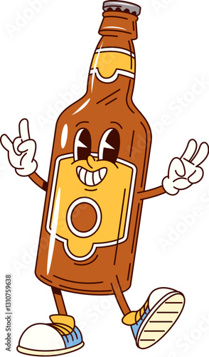 Groovy beer or ale bottle happy character. Bar beer groovy cute character. Pub ale retro cartoon isolated vector funny mascot, brewery alcohol drink or beverage bottle vintage funky cheerful personage