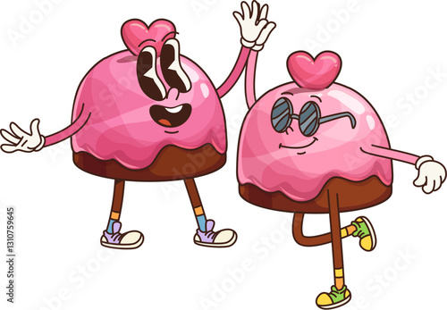 Retro groovy chocolate candy cheerful characters. Saint Valentine sweet gift, chocolate souffle dessert funny 60s 70s isolated vector characters. Candies with pink icing and hearts cute personages