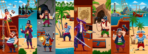 Cartoon pirate and corsair characters vector collage. Pirate ship, treasure island beach and cave nature landscape background with funny corsair captain, sailor, skipper and girl buccaneer characters