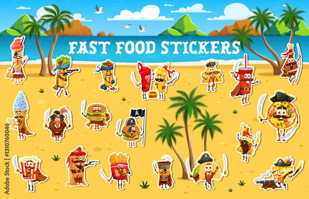 Obraz premium Cartoon fast food pirates and corsairs stickers pack. Vector ice cream, burrito, ketchup or mustard bottles, soda, pizza, burger, pretzel and popcorn. French fries, hotdog, taco, donut on sunny beach
