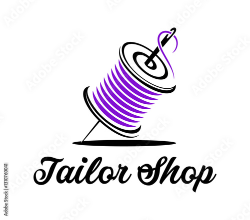 Tailor shop icon with needle in thread for needlework and clothes sewing studio, vector emblem. Tailor shop sign with needle and purple thread in line art for seamstress and clothes atelier salon