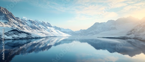 Fototapeta Naklejka Na Ścianę i Meble -  snow capped mountain peaks reflecting perfectly in the still frozen waters of a serene alpine lake at sunset  The tranquil
