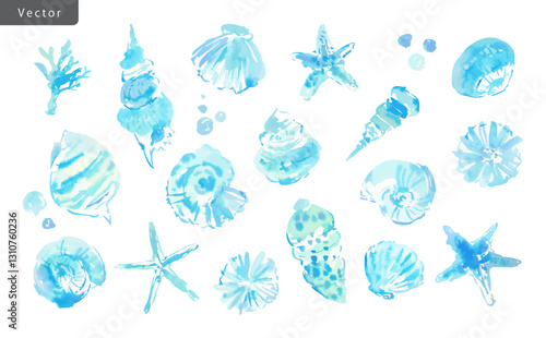 Watercolor abstract vector clipart set of seashells, starfish, and coral reef for background. A hand-painted modern summer illustration collection.