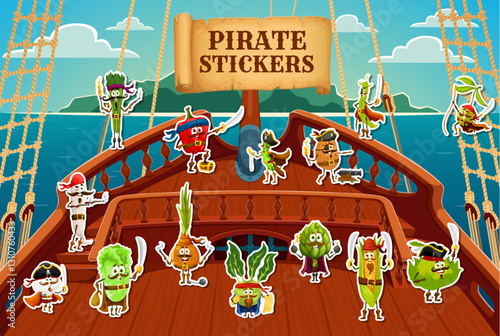 Cartoon pirate and corsair vegetable characters stickers pack. Vector veggies dressed as freebooters and holding weapons on a ship deck. Playful and adventurous patches with healthy food personages