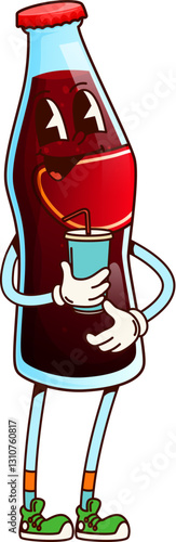 Cartoon soda drink groovy cheerful character. Refreshing soft drink 60s 70s groovy character. Fresh fizzy soda bottle retro funky isolated vector cute personage or cold sweet beverage vintage mascot