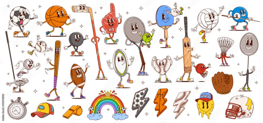 Εκτύπωση καμβά Cartoon groovy sport characters, hippie rainbow, smile emoji and lightnings