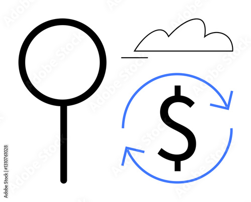 Magnifying glass inspecting, cloud above, dollar sign enclosed in circular arrows. Ideal for analysis, search, cloud computing, finance, economy process digital innovation. Flat simple metaphor