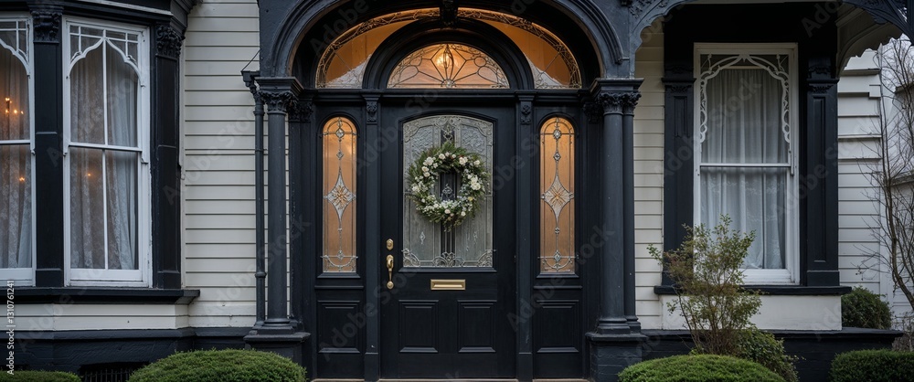 Fototapeta premium arched front door in black Victorian home house frontage portrait