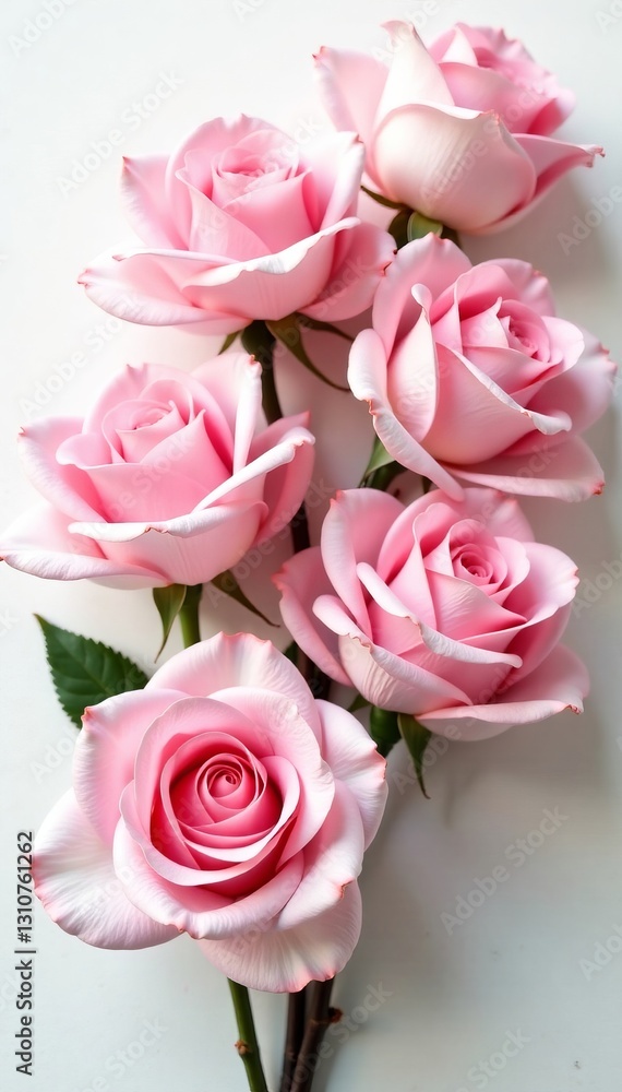 Fototapeta premium Elegant set of eight delicate pink roses on a white background, white background, bouquet, nature