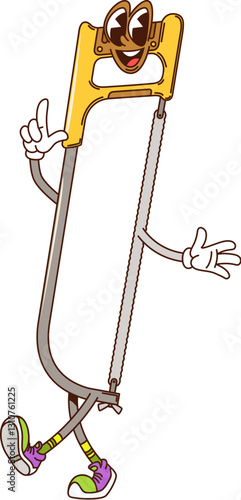 Groovy work tool or DIY character, cartoon fretsaw with funny face, vector saw. Groovy fretsaw or hacksaw with happy funky smile for carpentry, building or repair saw tool as retro cartoon character
