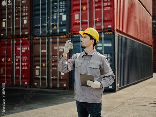 Asian worker wearing safety helmet and using walkie talkie