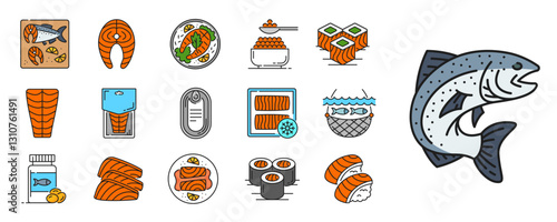 Color salmon fish and meat line icons, vector sea food. Outline salmon steak, fillet and raw sashimi slices. Japanese nigiri sushi, maki and uramaki rolls, oil, roe and canned fish color line icons