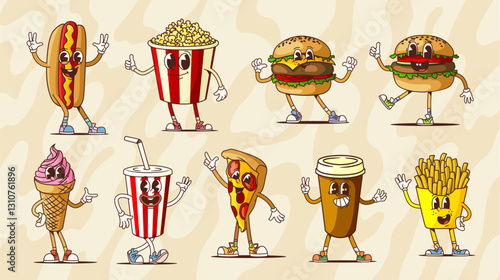 Retro groovy fast food cartoon characters with funny faces, vector comic emoji. Groovy burger or cheeseburger with popcorn and pizza, potato fries and ice cream with happy smile as cartoon characters