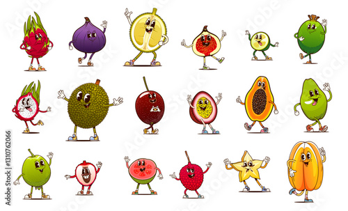 Cartoon groovy whole and half fruit characters of vector retro hippie berry food. Funny papaya, feijoa, fig, dragon and passion fruits. Happy groovy lychee, carambola and guava berry characters