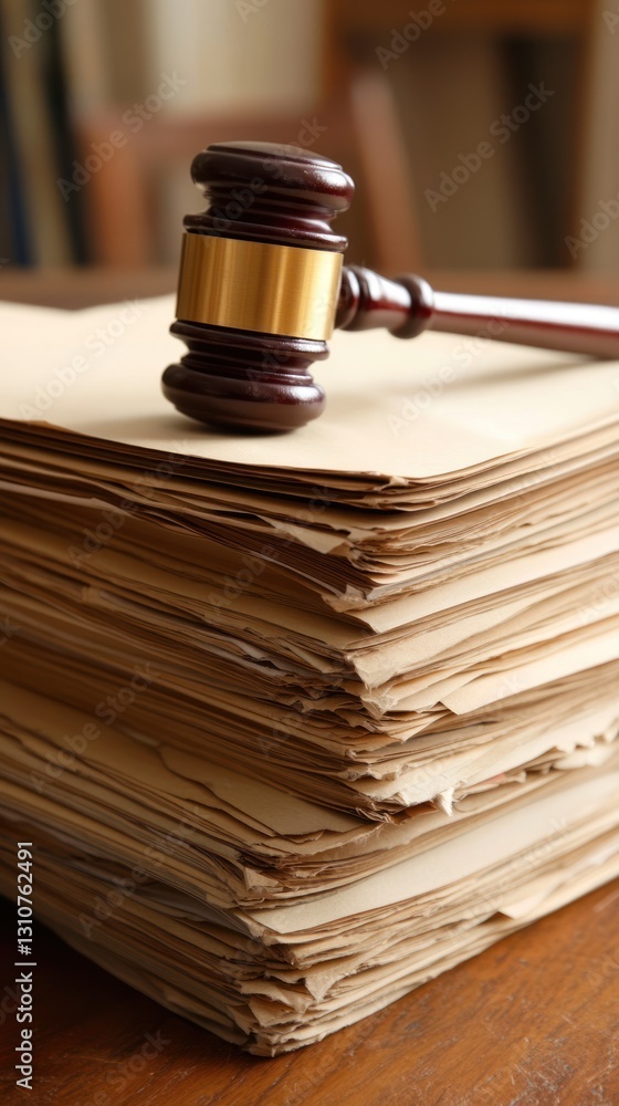 A wooden gavel rests upon a large stack of paperwork A wooden gavel rests upon a large stack of paperwork