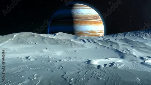 Dramatic view of Jupiter from the icy surface of Europa highlighting the planet's majestic bands and moons in the starry night sky