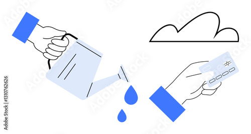 Watering can pouring drops, credit card in hand, and cloud represent financial investment, savings, growth, sustainability, economy, online services and business funding. Flat simple metaphor