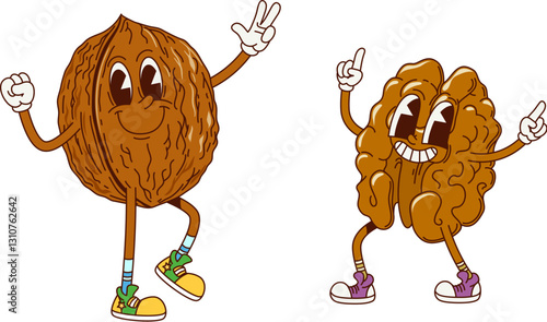 Cartoon retro groovy walnut nut characters. Healthy nutrition nut snack cartoon isolated vector mascot. Walnut core and shell two funny characters or cheerful groovy personages dancing and having fun
