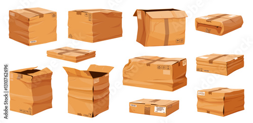 Damaged and crumpled cardboard boxes. Broken and ripped cargo delivery packages or parcels. Vector damaged brown paper delivery boxes, cartoon dirty and smashed parcels with open and torn lids