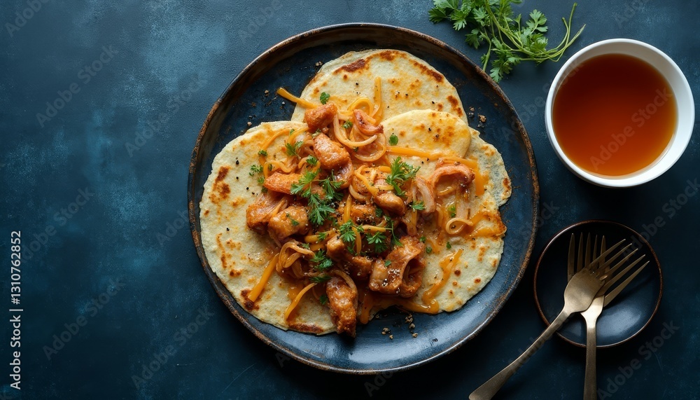 Savory chicken stir-fry on flatbreads plated, garnished and prepared to serve Savory chicken stir-fry on flatbreads plated, garnished and prepared to serve