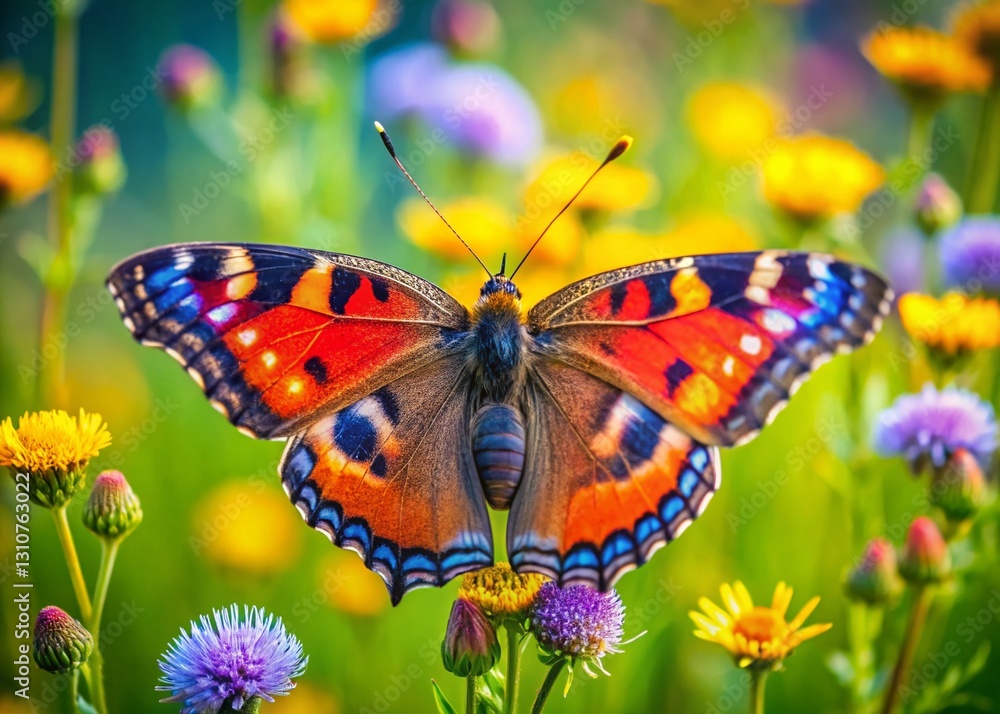 Naklejka premium Panoramic Green Butterfly on Wildflower - Vibrant Nature Photography