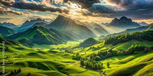 Panoramic Green Mountain Valley Landscape - Long Exposure Photography