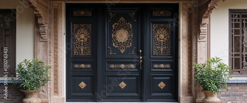 Wallpaper Mural carved front door in black traditional home house frontage portrait Torontodigital.ca